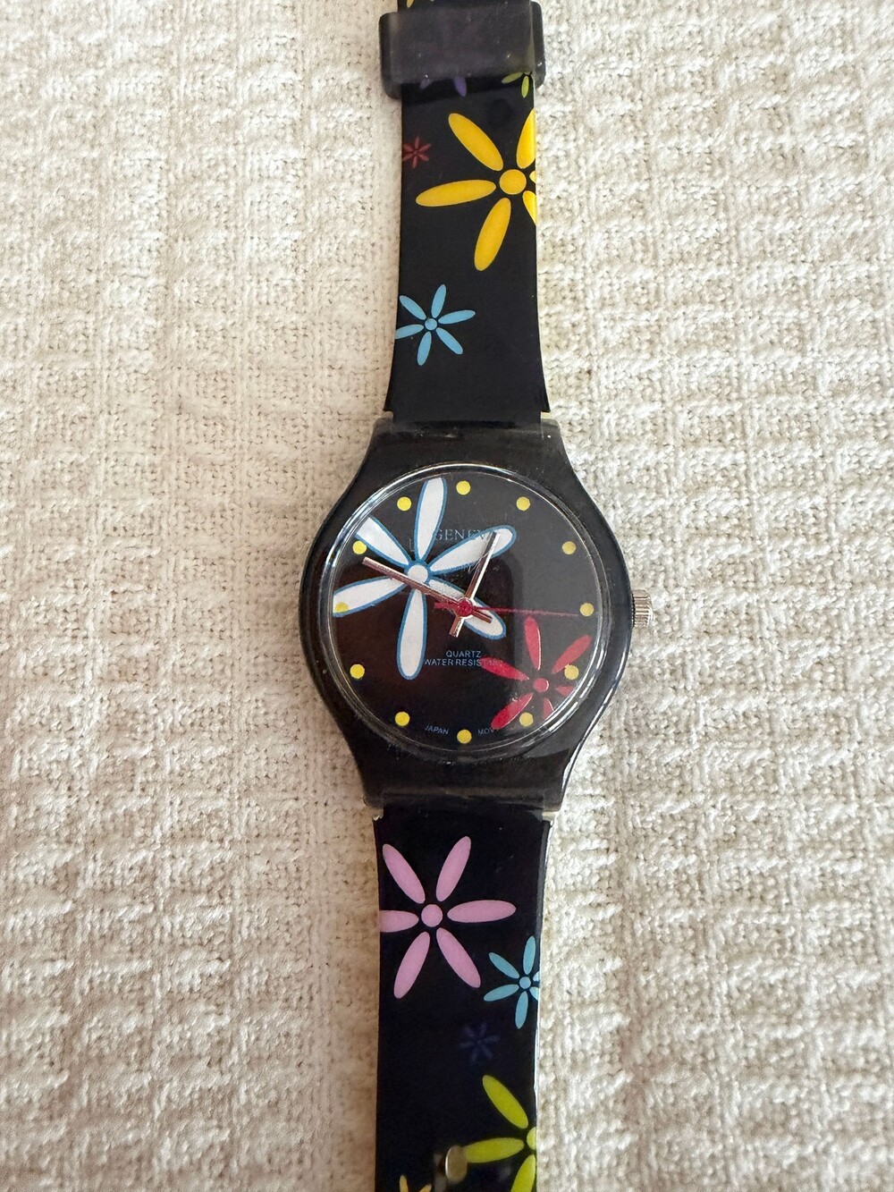 Geneva Quartz Watch Black Colorful Flower Pattern Water Resist Japan Movt